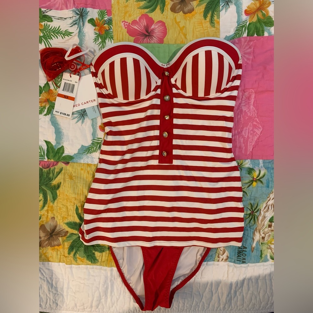 Red Carter one piece swimsuit - red and white striped with gold jeweled buttons